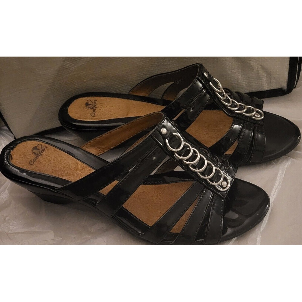 "Comfort,"‎ Sandals  Beachy, Summer, Black Patent Leather, Women's  Size 7.5